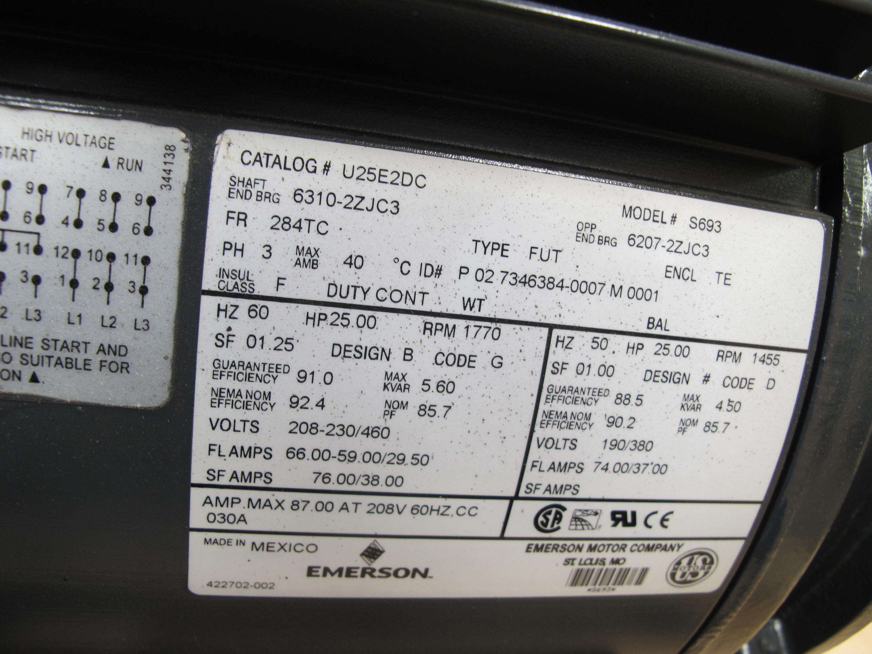 MOTOR, ELECTRIC TYPE, 25 HORSEPOWER, 230/460VAC, 60HZ, 3PH ELEC RATING, 1800 RPM, 284TC FRAME, 63/31.5 AMPS, TEFC ENCLOSURE, 1.25 SERVICE FACTOR, 1-7/8" SHAFT. UNIMOUNT 125, PART # GT-1010620-N03 (W-44) LOADING & HANDLING FEE $15-